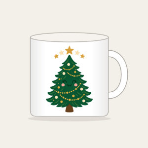 Little Pine and Five Stars Mug in white: A friendly stylised pine tree with five small stars above it in cream and gold.