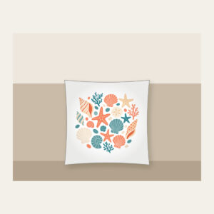 Scattered Shells and Starfish on Sand Pillow in white: Coral, cream and teal shells and starfish are tossed across a pale sand background.