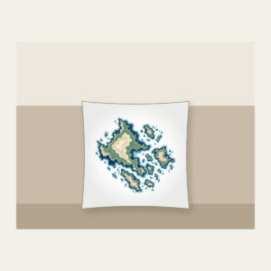 Topographic Coastline and Islands Map Pillow in white: Topographic contours of a coastline and islands in navy, sea green and sand on cream.