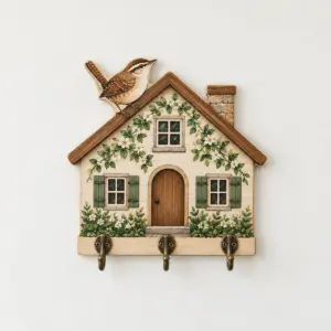 Wren House Key Holder with a small house with a wren on its roof in warm brown, cream and green