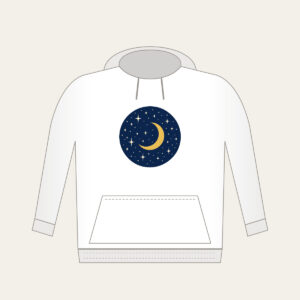 Midnight Stars and Golden Crescent Moon Hoodie in white: A midnight-blue field with small cream stars and a gold crescent moon.