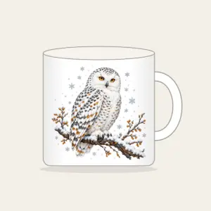 Snowy Owl in Snowfall Mug in white: A snowy owl on a branch in white, slate and amber with falling snowflakes.