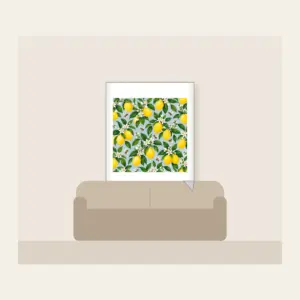 Lemon and Bee Garden Repeat Fleece Blanket in white: A repeat of lemons, glossy leaves and tiny bees in yellow and green on a pale blue-grey ground.