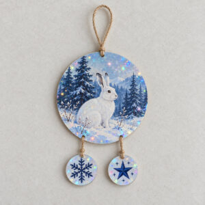 Snow Hare Wood and Hologram Ornament with a hare in a snowy field with pines in white, grey and ice blue