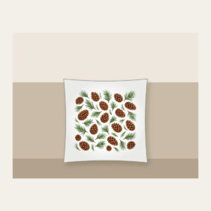 Scattered Pine Cones and Needles Pillow in white: Pine cones and needles scatter in brown and green.