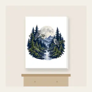 Moonlit Pine Forest with Owls Canvas Print in white: A moonlit forest of pines and owls in navy, silver and moss beneath a large pale moon.
