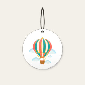 Striped Hot Air Balloon Ceramic Ornament in white: A hot air balloon with coral, teal and gold stripes drifts above small clouds, a tiny basket below.