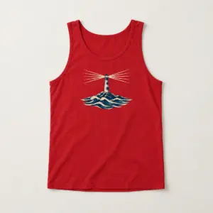 Red Lighthouse Sweep Jersey Tank with compact front chest panel print of a slim lighthouse with a fan of light beams over layered waves in cream and navy