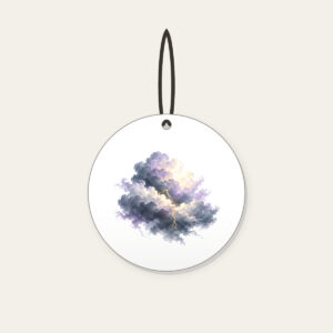 Storm Clouds with Gold Lightning Ceramic Ornament in white: Gentle storm clouds in slate, lavender and cream, split by one thin gold lightning line.
