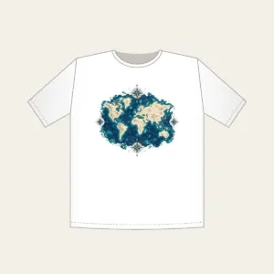Vintage Map Coastlines and Compasses T-Shirt in white: Vintage-style coastlines and tiny compasses in navy, cream and teal.