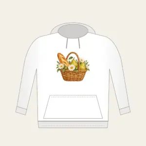 Baguette and Pear Basket Hoodie in white: A woven basket holds a baguette, two pears and white daisies in warm tan, green and cream.