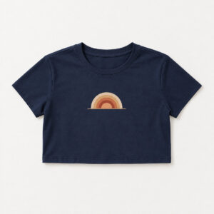 Sunrise Ladder Cropped Tee with small centred chest print of a rising sun built from five stepped arcs in apricot, rust and sand above one thin horizon line