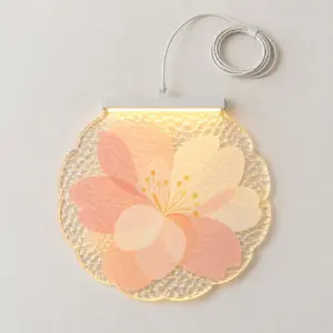 Wavy Blossom Acrylic LED Hanging Lamp with flat blush, peach and cream overlapping petals on water-ripple acrylic with a white top LED clamp bar
