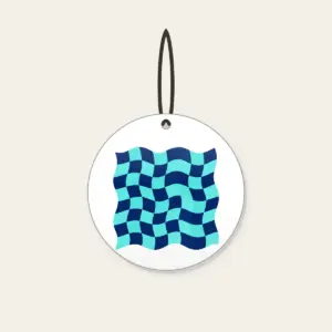 Ripple Checkerboard in Navy and Aqua Ceramic Ornament in white: A checkerboard whose squares ripple like waves in navy and aqua.