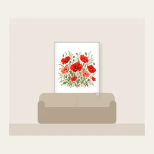 Poppies and Tall Grasses on Cream Fleece Blanket in white: Red and coral poppies stand among tall olive grasses on a cream ground.