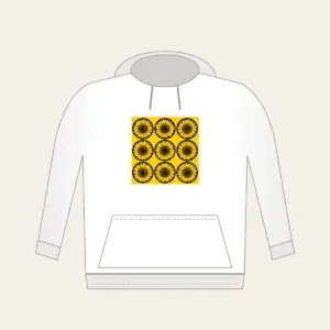 Nine Sunflowers in a Yellow Grid Hoodie in white: A neat three-by-three grid of nine sunflower circles in black and golden lines on a yellow ground.