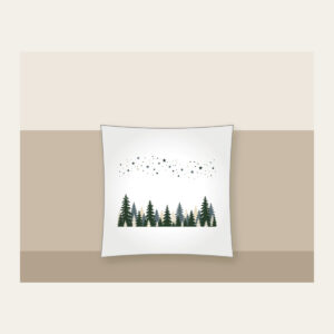 Pine Silhouettes under Scattered Stars Pillow in white: A band of pine silhouettes runs along the lower edge beneath a drift of tiny stars in slate, forest green and cream.