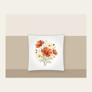 Terracotta Cosmos and Buttery Daisies Pillow in white: Loose watercolor cosmos in terracotta beside buttery daisies on fine sage stems.