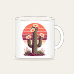 Flowering Saguaro and Striped Sun Mug in white: A flowering saguaro cactus stands against a striped sunset sun in coral, plum and cream.
