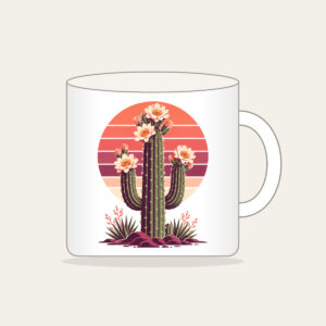 Flowering Saguaro and Striped Sun Mug in white: A flowering saguaro cactus stands against a striped sunset sun in coral, plum and cream.