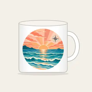 Coastal Sunrise Bands with a Compass Rose Mug in white: Bands of peach, coral and teal show a coastal sunrise, with tiny waves and a small compass rose.