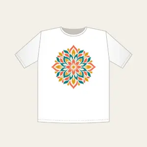 Petal Mosaic Kaleidoscope T-Shirt in white: Symmetrical petal mosaics in coral, teal, mustard and cream.