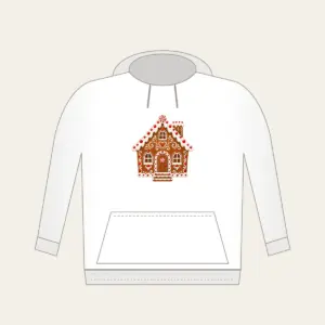 Gingerbread Cottage with Icing Swirls Hoodie in white: A gingerbread-style cottage with white icing swirls and candy dots in brown, white and red.