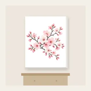 Cherry Blossom Branches on Grey Canvas Print in white: Cherry blossom branches in pale rose and white bloom on a muted grey background.