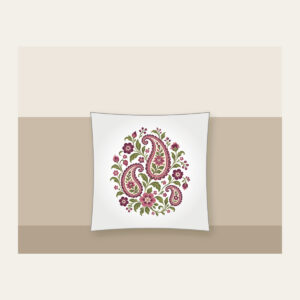 Plum and Olive Paisley Garden Pillow in white: A paisley garden pattern with small flowers in plum, rose and olive on cream.
