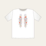 Drifting Wildflowers in Coral and Lilac T-Shirt in white: Wildflowers in coral, lilac and sage drift in long lines across the artwork.