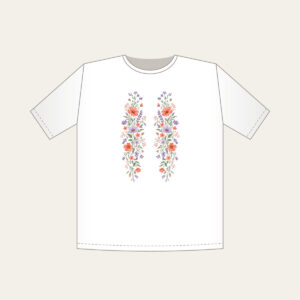 Drifting Wildflowers in Coral and Lilac T-Shirt in white: Wildflowers in coral, lilac and sage drift in long lines across the artwork.