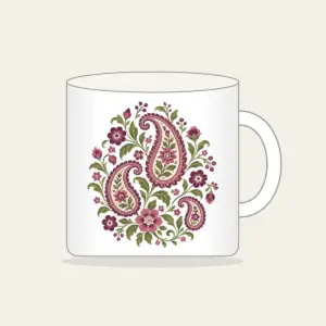 Plum and Olive Paisley Garden Mug in white: A paisley garden pattern with small flowers in plum, rose and olive on cream.