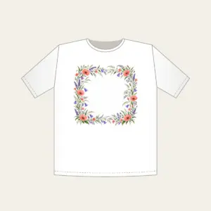 Roadside Wildflower Border T-Shirt in white: A loose border of coral, violet and green wildflowers and grasses along the edges, leaving the center open.