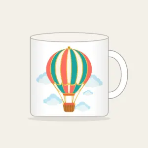 Striped Hot Air Balloon Mug in white: A hot air balloon with coral, teal and gold stripes drifts above small clouds, a tiny basket below.