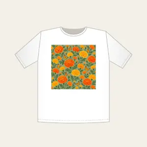 Marigolds and Butterflies on Sage T-Shirt in white: An all-over repeat of marigolds and small butterflies in orange and yellow on a sage ground.