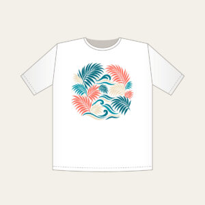 Palm Fronds and Wave Lines T-Shirt in white: Palm fronds and flowing wave lines in teal, coral and cream.