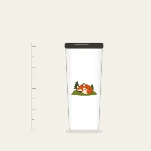 Sleeping Fox on the Hill Tumbler in white: A rust-colored fox curled asleep on a green hill with two tiny pines.