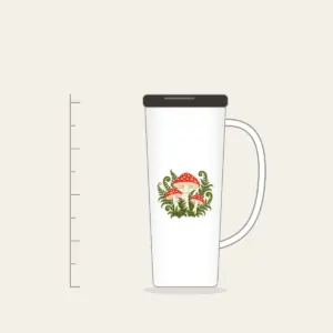 Red Toadstool Trio with Curling Ferns Tumbler with Handle in white: Three red-capped mushrooms with curling ferns in cream, red and moss green.