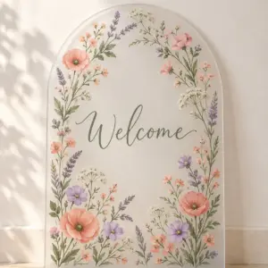 Frosted Arch Wildflower Welcome Sign with frosted acrylic arch with wildflowers in coral, lilac and sage and a central space for a short word, "Welcome", custom shape, no other text