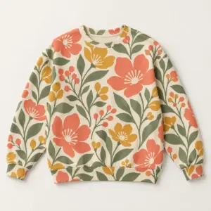 Paper Cut Garden Sweatshirt with flat printed paper-cut style layers of flowers and leaves in coral, mustard and sage on a cream base