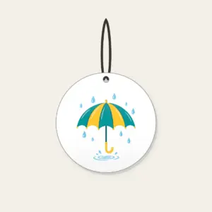 Teal Umbrella and Raindrop Ripple Ceramic Ornament in white: An open teal and yellow umbrella with small raindrops and a tiny puddle ripple.
