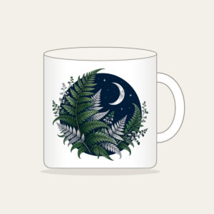 Moonlit Fern Fronds on Navy Mug in white: Silver and deep green fern fronds curl over navy beneath a small crescent moon.