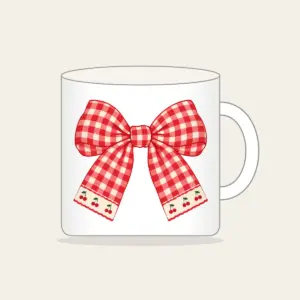 Red Gingham with Cherry Accents Mug in white: Red and cream gingham with tiny cherry motifs.