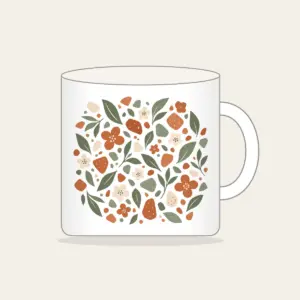 Garden Terrazzo of Leaves and Blossoms Mug in white: An all-over terrazzo of leaves, pebbles and blossoms in terracotta, sage and cream.