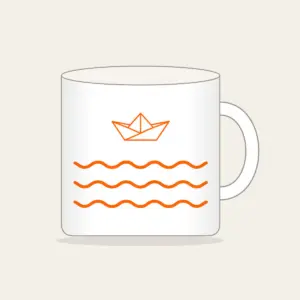 Paper Boat on Ripples Mug in white: A folded paper boat on three ripple lines in white and orange.