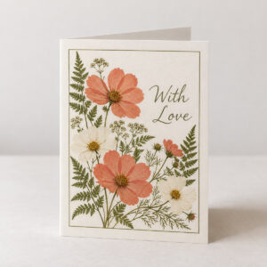 Pressed Flower Greeting Card with a framed pressed-flower design of cosmos and ferns in coral, white and green and the exact text "With Love"