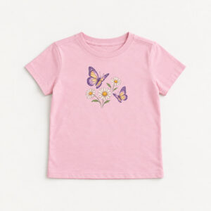 Butterfly Meadow Youth Tee with small chest print of two butterflies and three daisies in purple and yellow