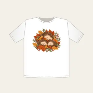 Sleeping Hedgehogs in Autumn Leaves T-Shirt in white: Little hedgehogs curl up asleep among fallen leaves in brown, rust and sage.