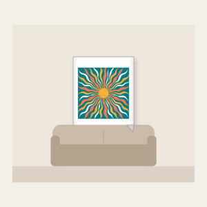 Sunrise Lines in Coral and Gold on Teal Fleece Blanket in white: All-over sunrise lines in coral, gold and white on a teal ground.