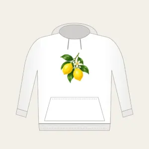 Lemon Branch in Blossom Hoodie in white: A single lemon branch carries two lemons, glossy leaves and a small blossom in lemon yellow, leaf green and cream.